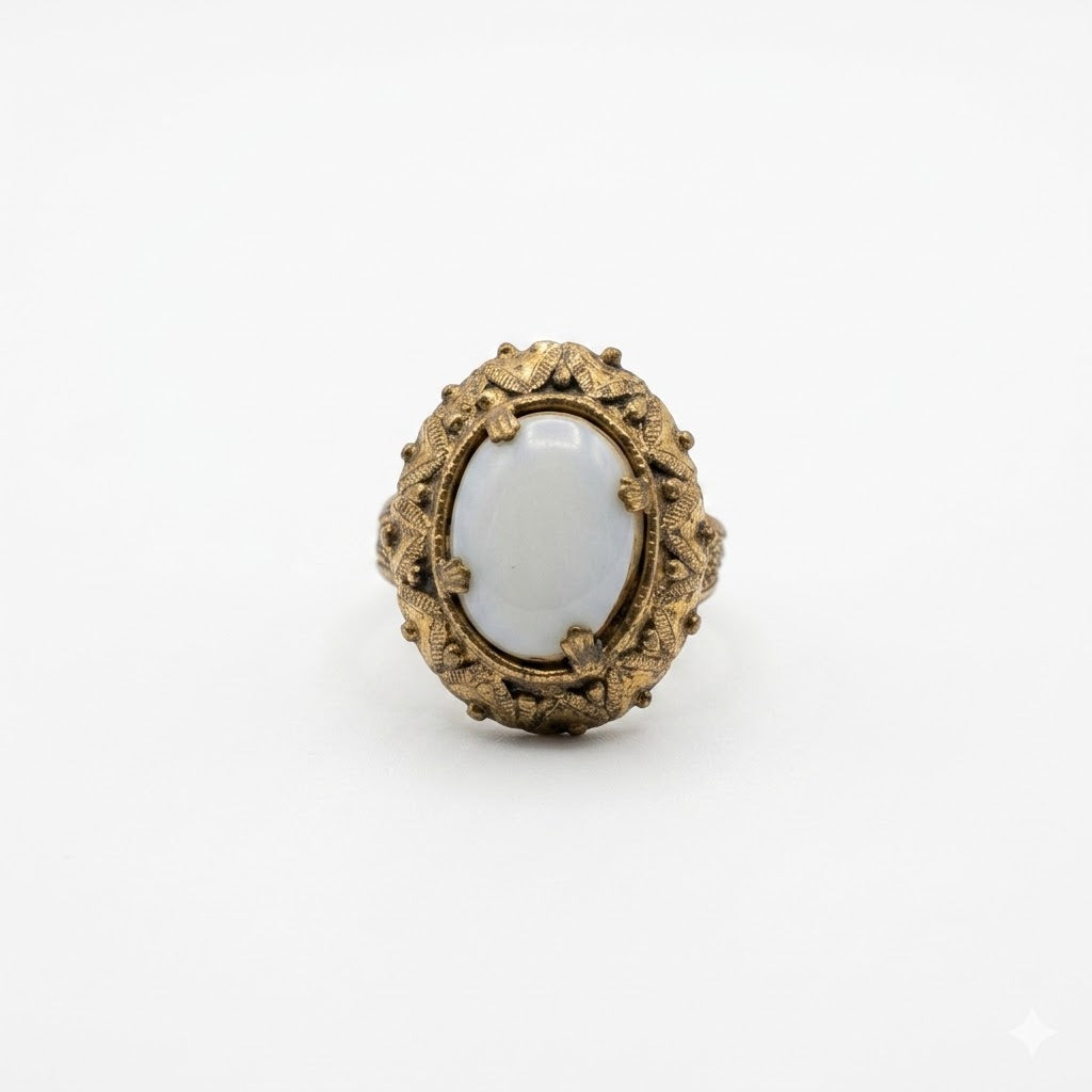 Vintage Ornate White Cabochon Statement Ring Antiqued Gold Filigree