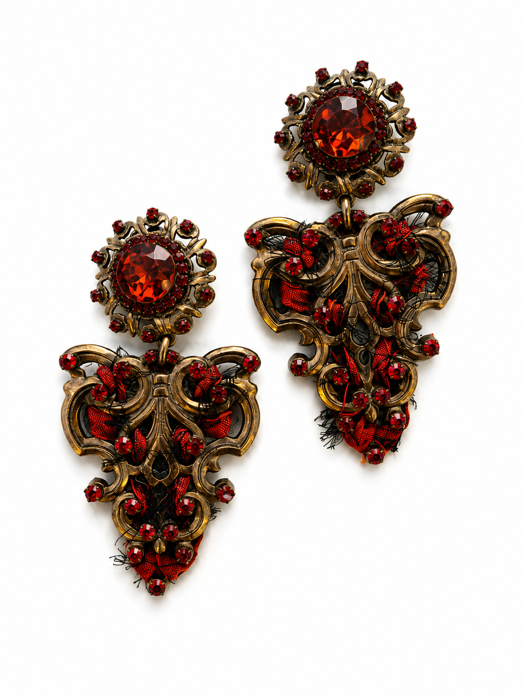 Vintage Levantine Custom-Made Red Crystal Textile Earrings