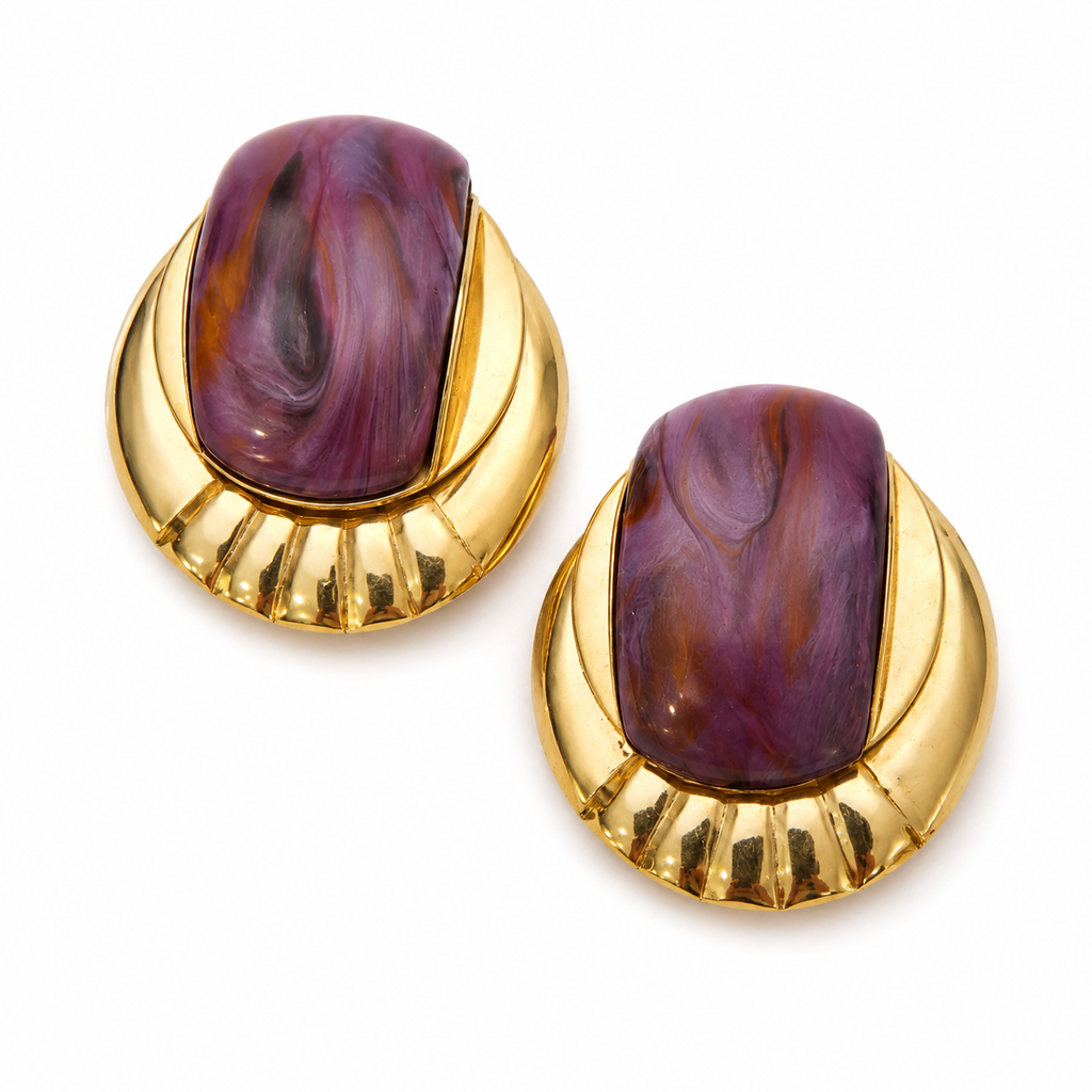 Vintage Oversized Purple Cabochon Gold Tone Earrings