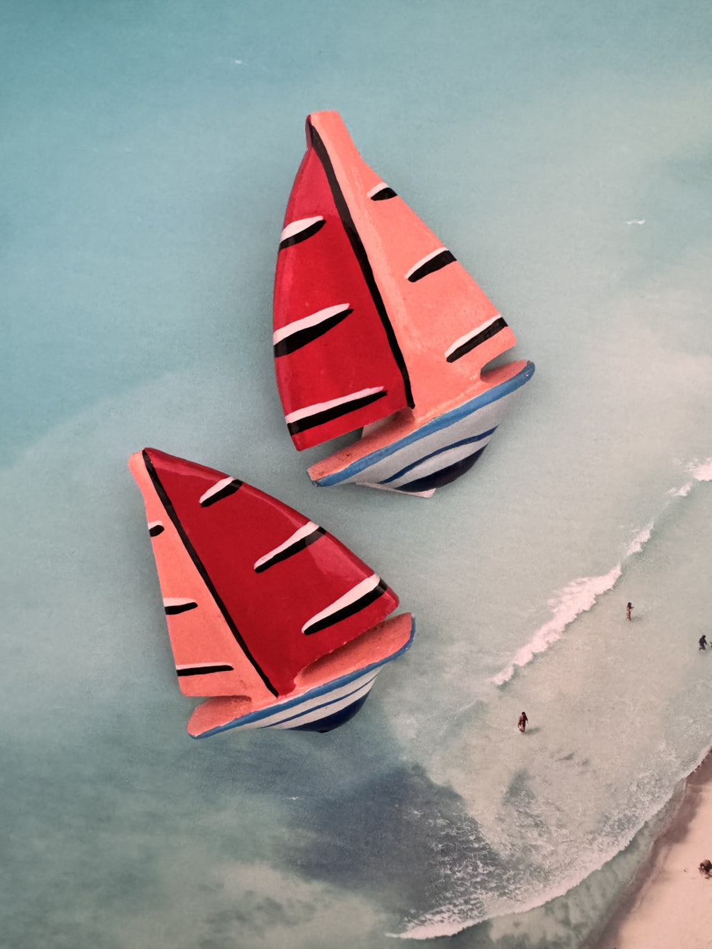 Vintage Hand-Painted Wooden Boat Clip-On Earrings