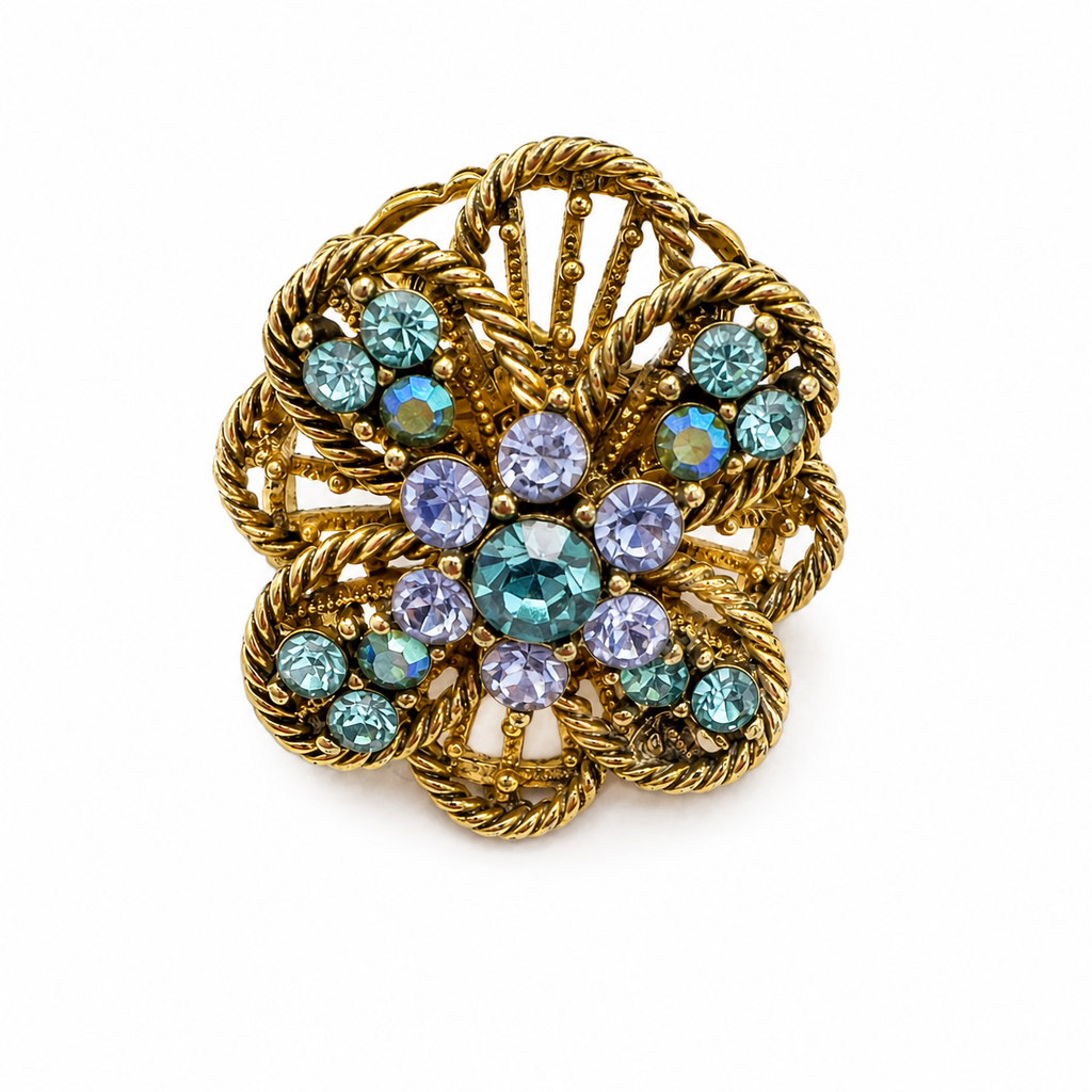 Vintage Blue Crystal Floral Statement Ring