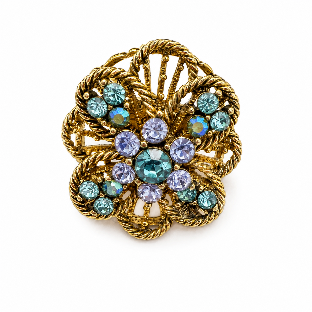 Vintage Blue Crystal Floral Statement Ring