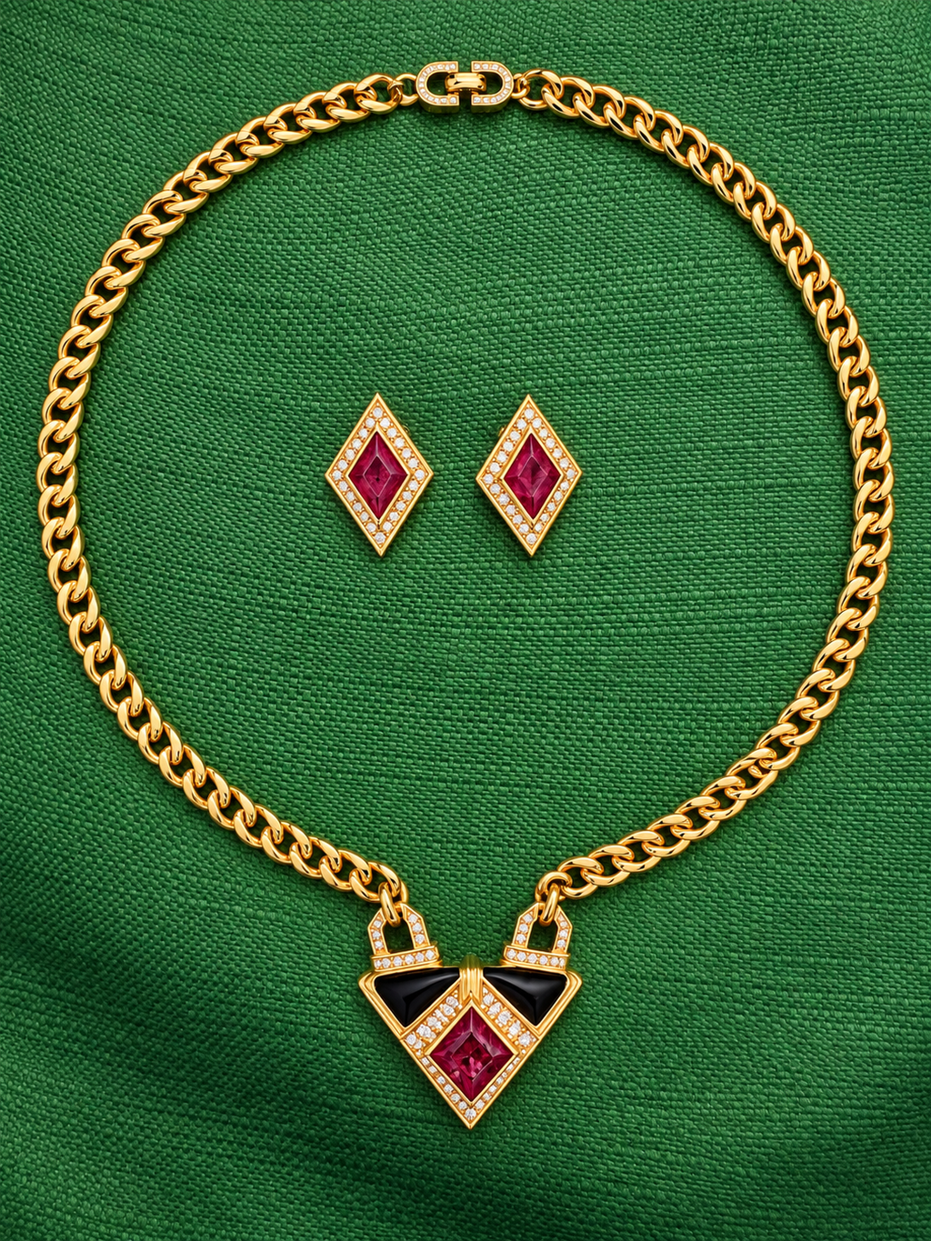 Vintage Christian Dior Art Deco Jewel Necklace & Earrings Set