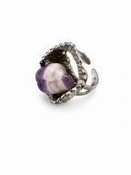 Vintage Brutalist Amethyst Statement Ring Sculptural Silver Tone