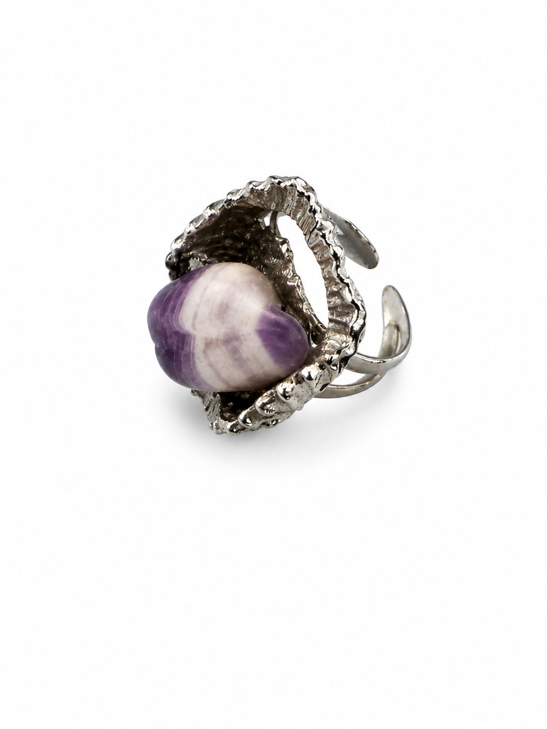 Vintage Brutalist Amethyst Statement Ring Sculptural Silver Tone