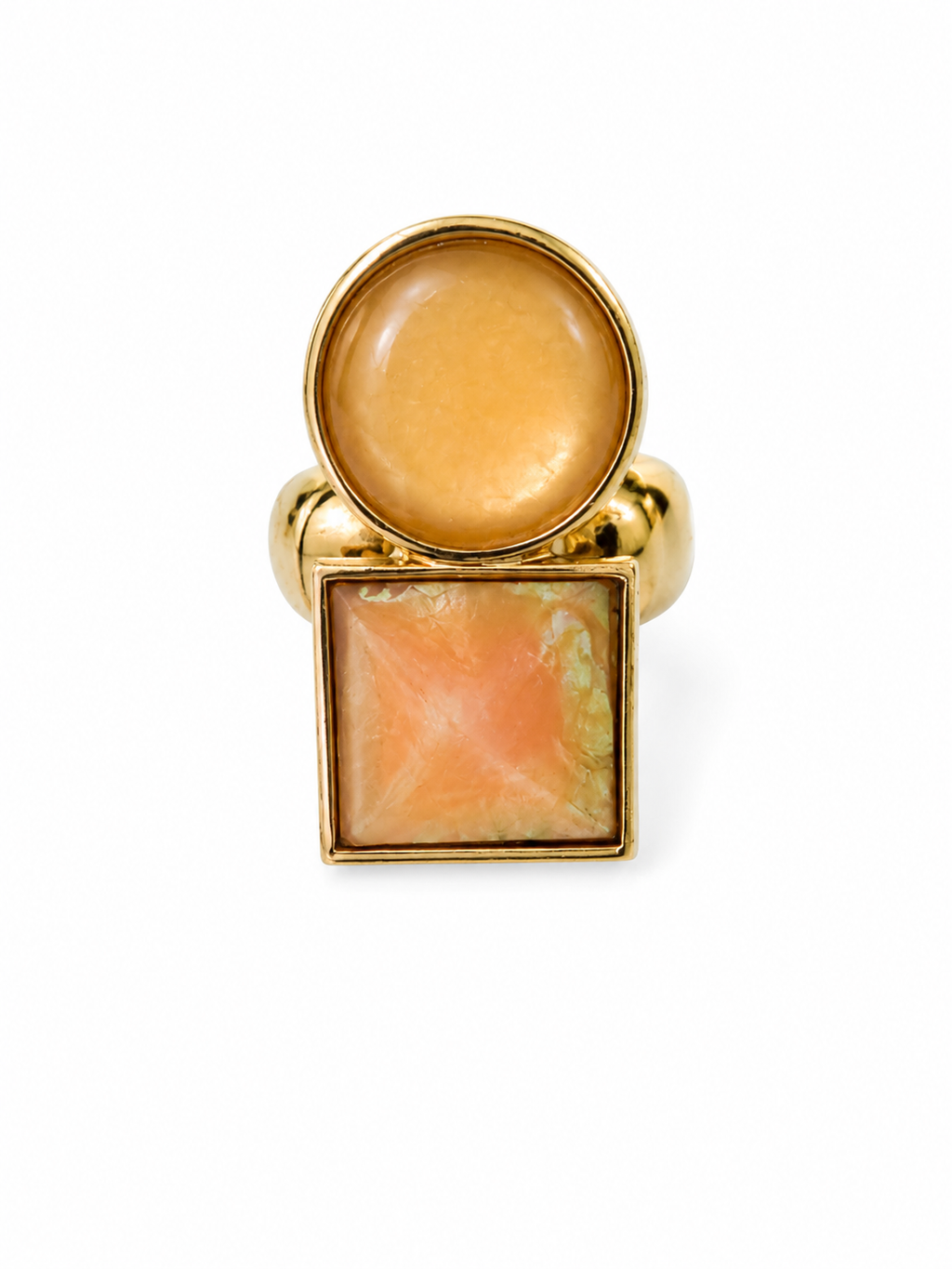 Vintage Modernist Toi et Moi Ring Peach and Honey Cabochons Gold Tone