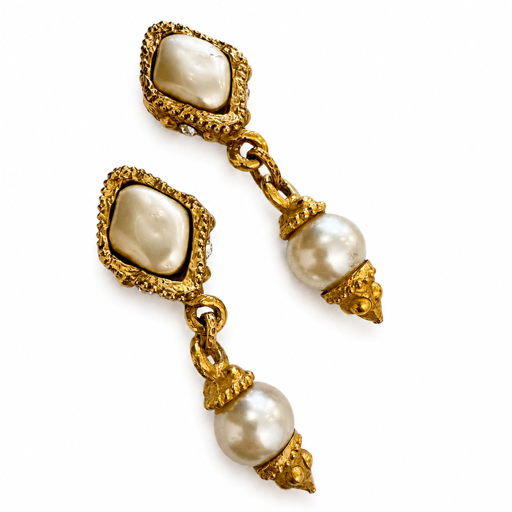 Vintage Alexis Lahellec Paris Baroque Pearl Drop Clip On Earrings