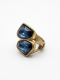 Vintage Modernist Two-Stone Sapphire Crystal Ring Antiqued Gold