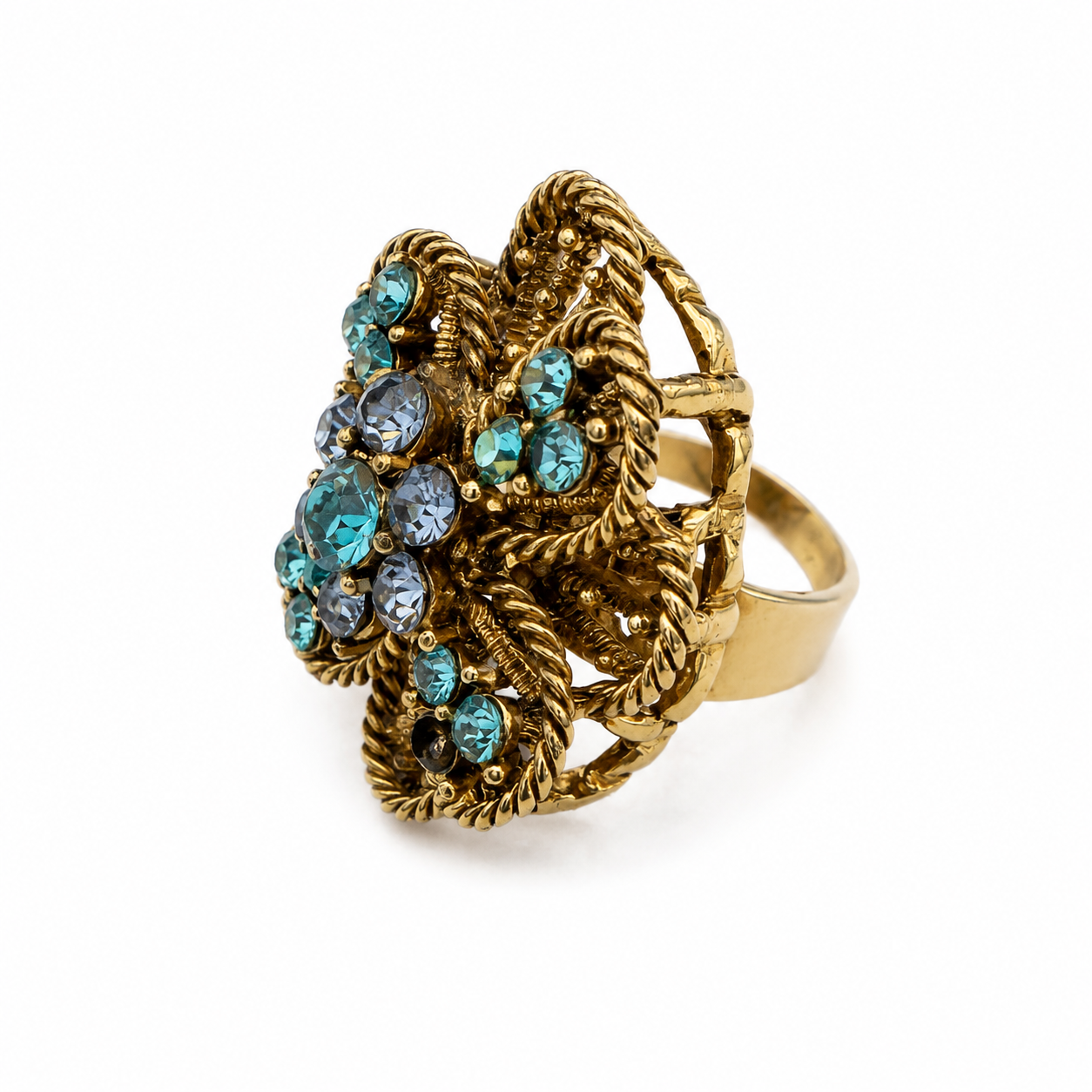 Vintage Blue Crystal Floral Statement Ring