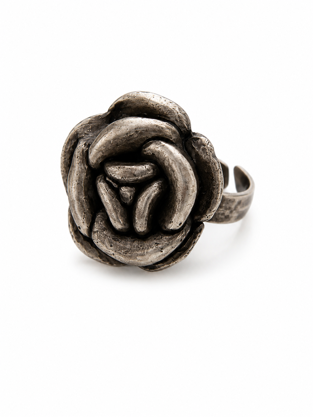 Vintage Brutalist Silver Tone Rose Statement Ring Sculptural Floral Design