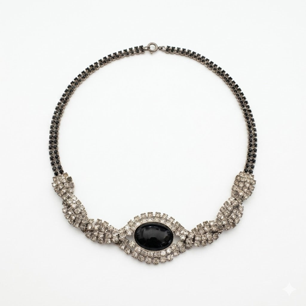 Vintage Retro Glam Crystal & Black Stone Necklace