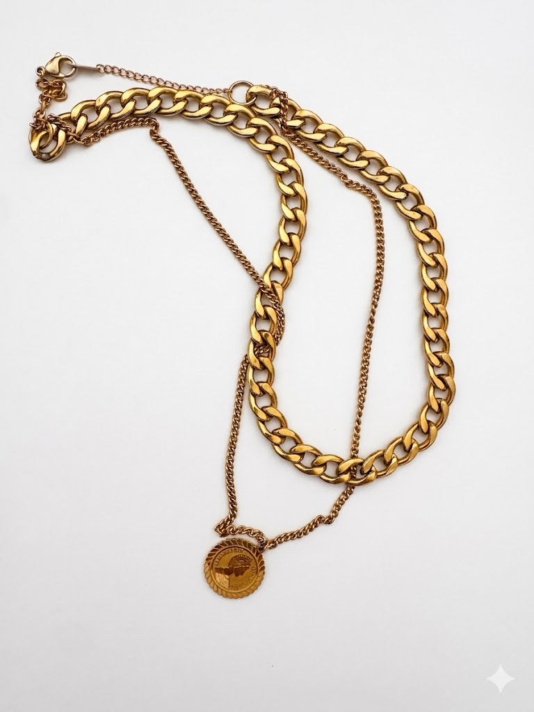 Vintage Layered Gold-Tone Curb Chain & Queen Elizabeth II Coin Necklace