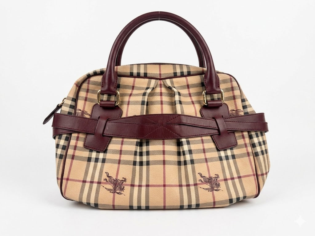 Burberry Brown Leather Haymarket Check Coated Canvas Top Handle Bag