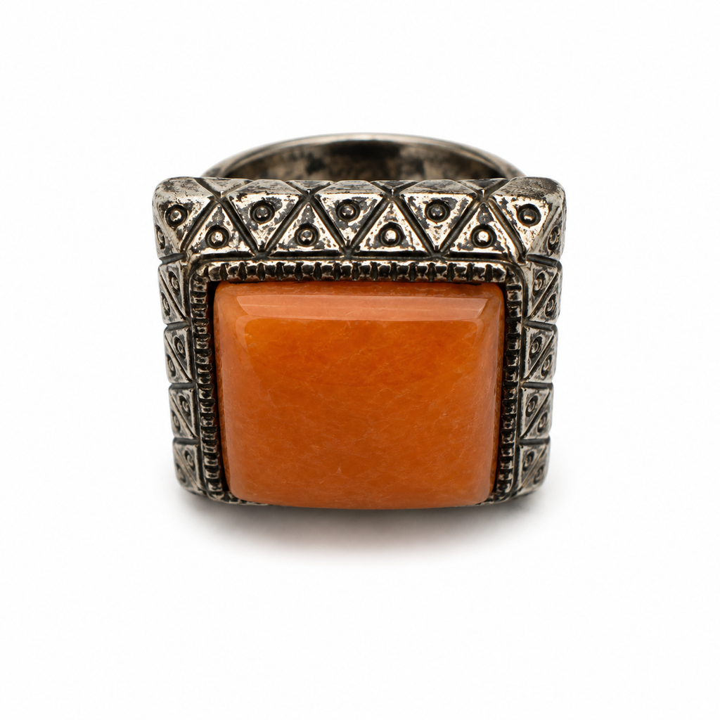 Vintage Modernist Orange Stone Signet Ring Geometric Silver Tone