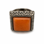 Vintage Modernist Orange Stone Signet Ring Geometric Silver Tone