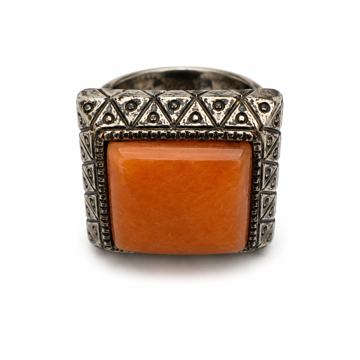 Vintage Modernist Orange Stone Signet Ring Geometric Silver Tone