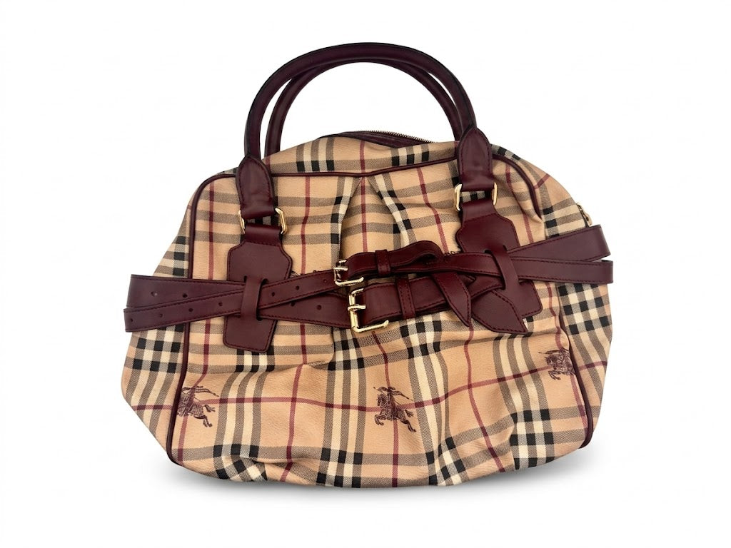 Burberry Brown Leather Haymarket Check Coated Canvas Top Handle Bag