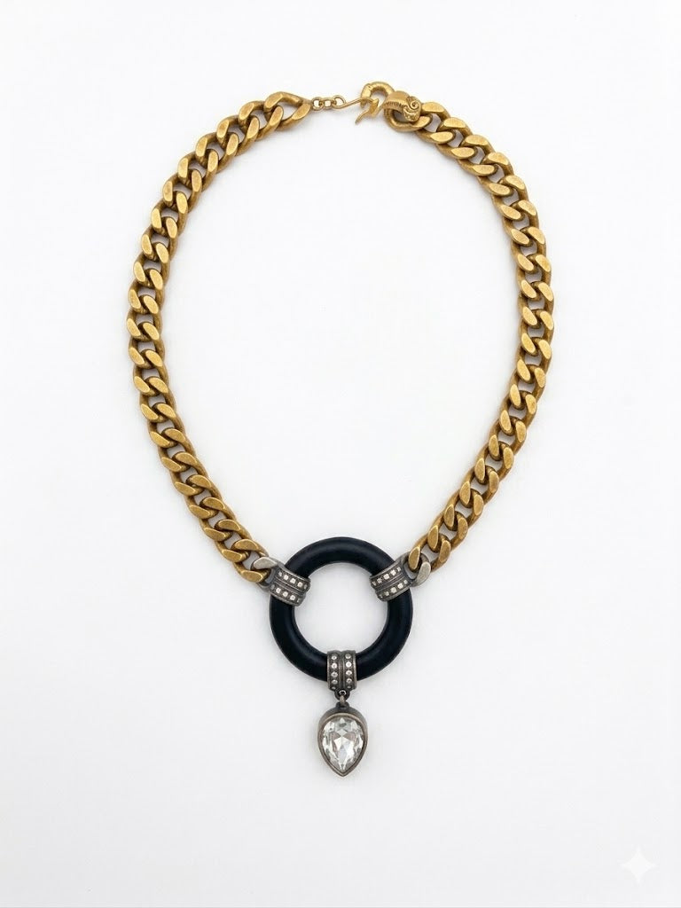 Vintage 1980s Gold-Plated Curb Chain & Onyx-Tone Pendant Necklace