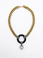 Vintage 1980s Gold-Plated Curb Chain & Onyx-Tone Pendant Necklace