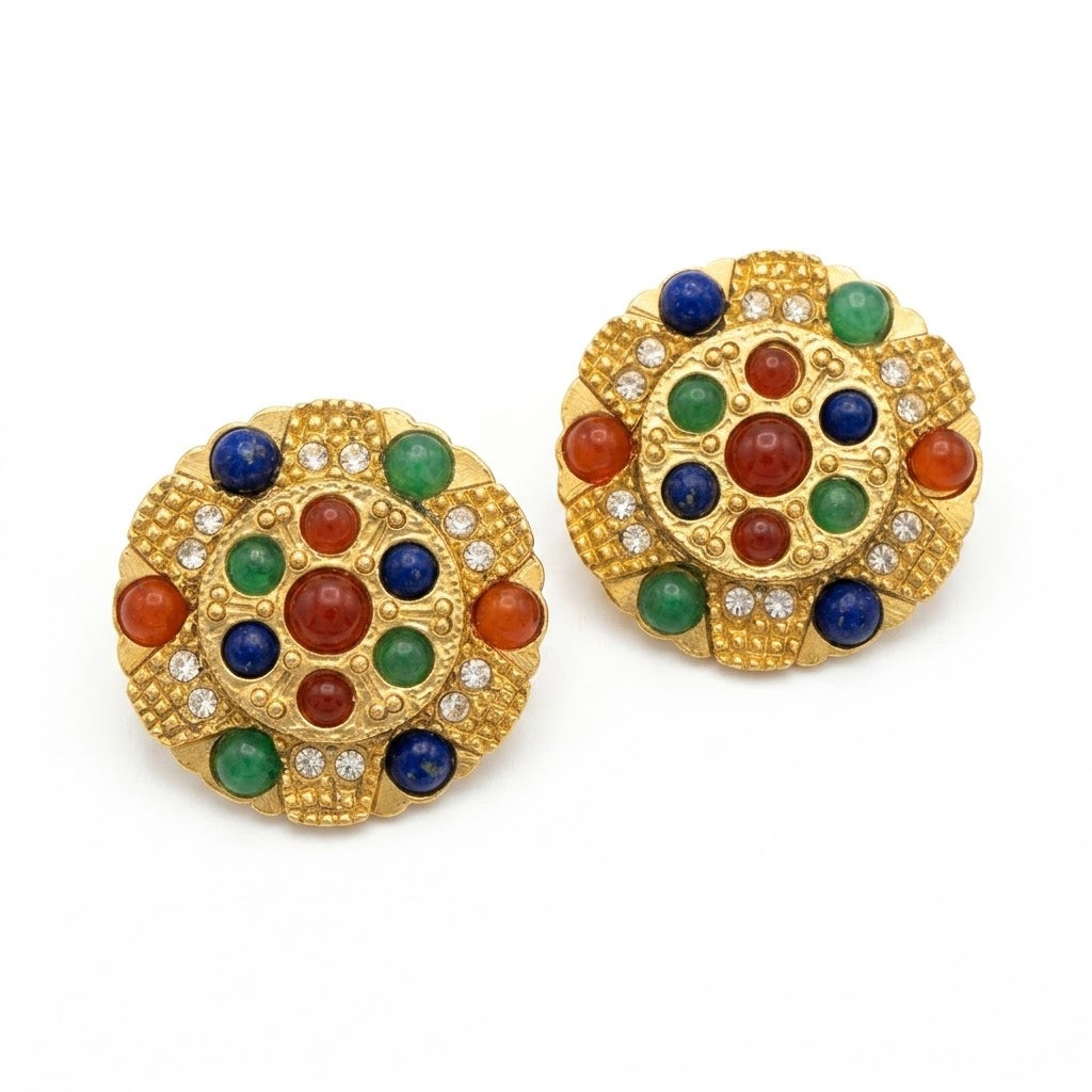 Vintage Byzantine Revival Multicolor Cabochon Clip On Earrings by DeLuigoro