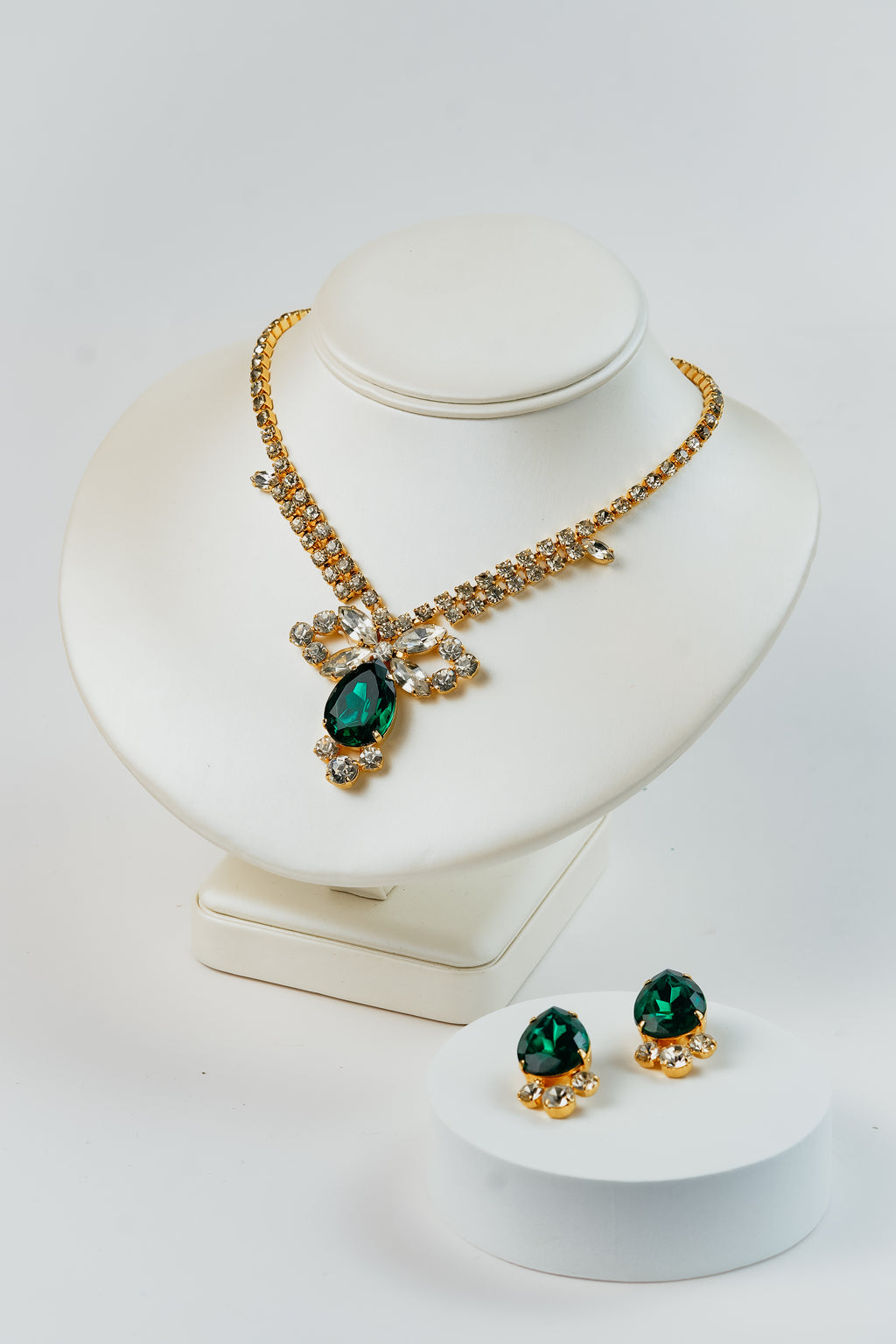 Czech Crystal Emerald Drop Necklace & Earrings Set