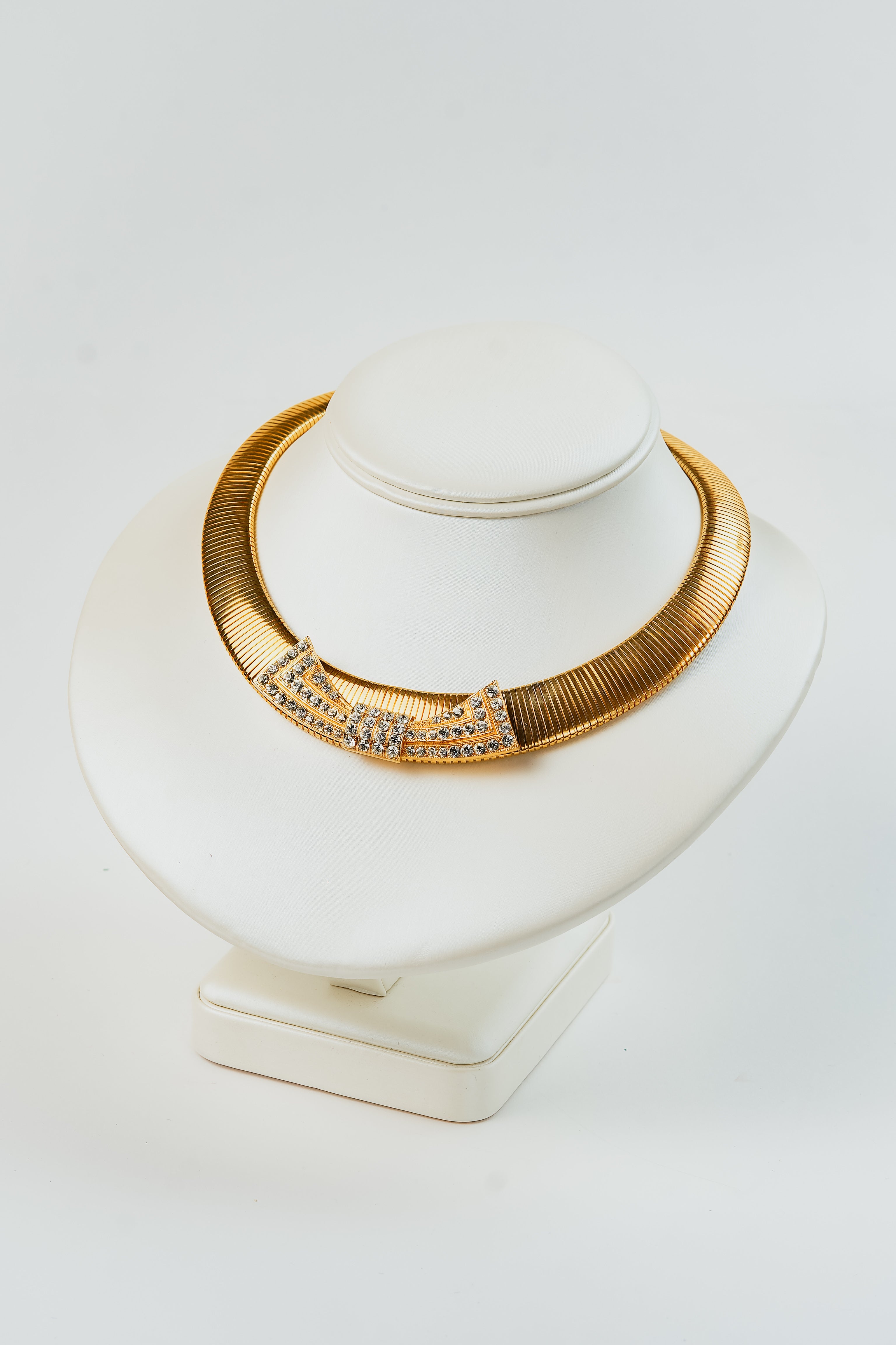 Vintage Gold Plated Omega Collar Necklace Crystal Accent
