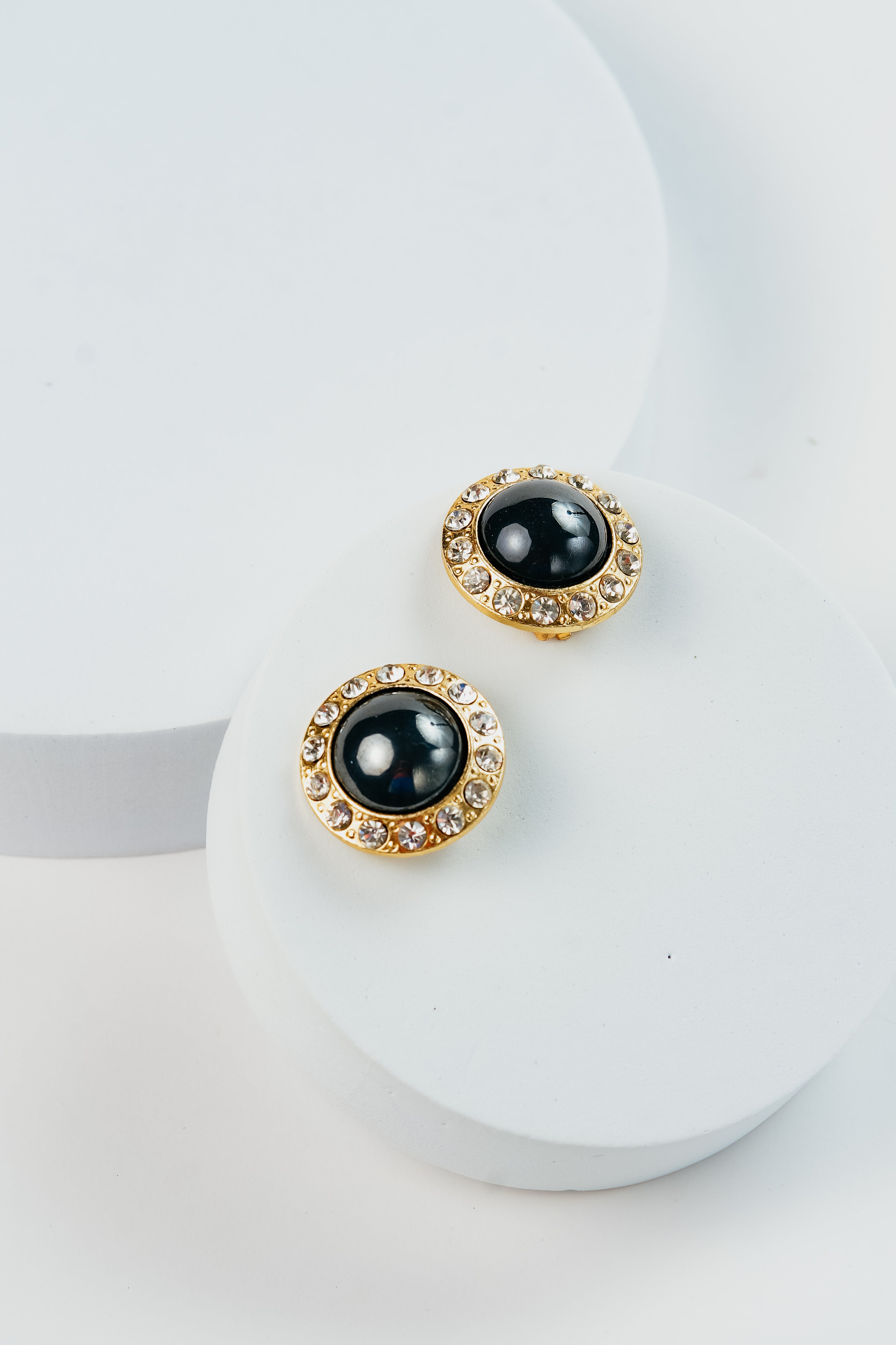Vintage Black Cabochon & Crystal Earrings