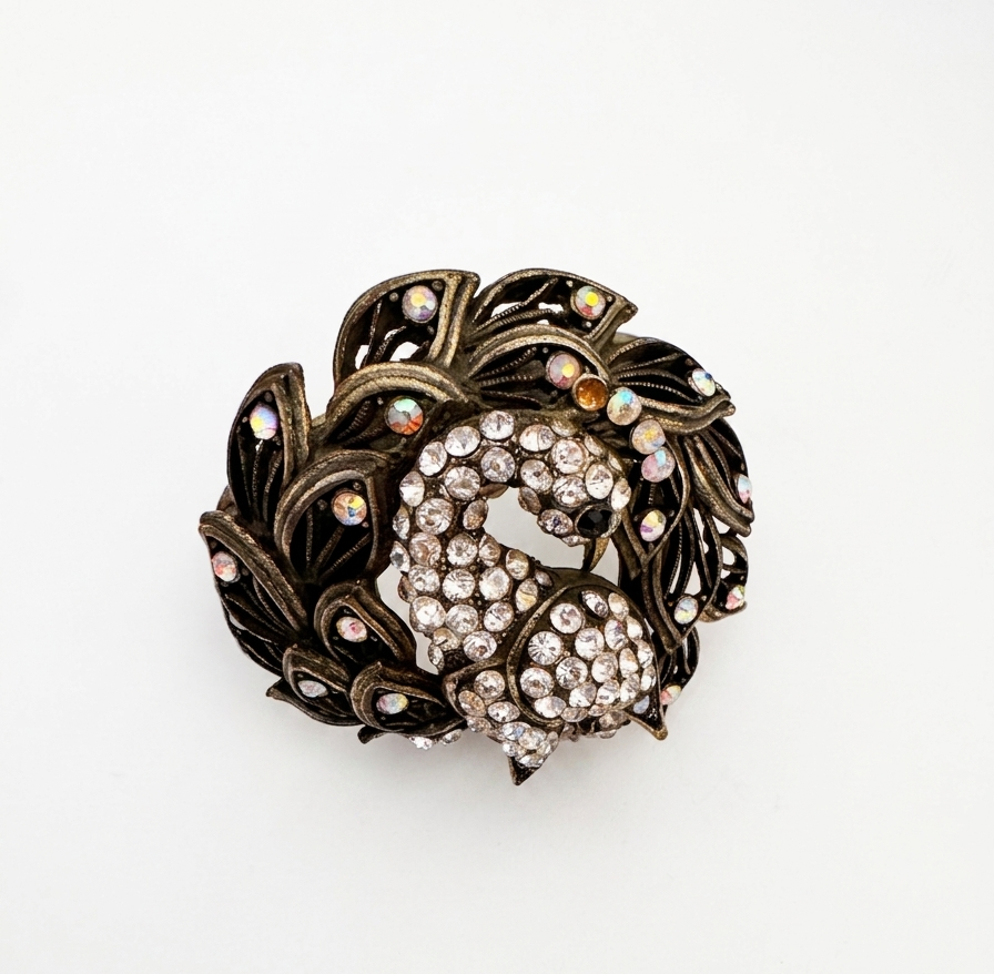 Vintage Victorian Revival Crystal Peacock Hinged Statement Bangle