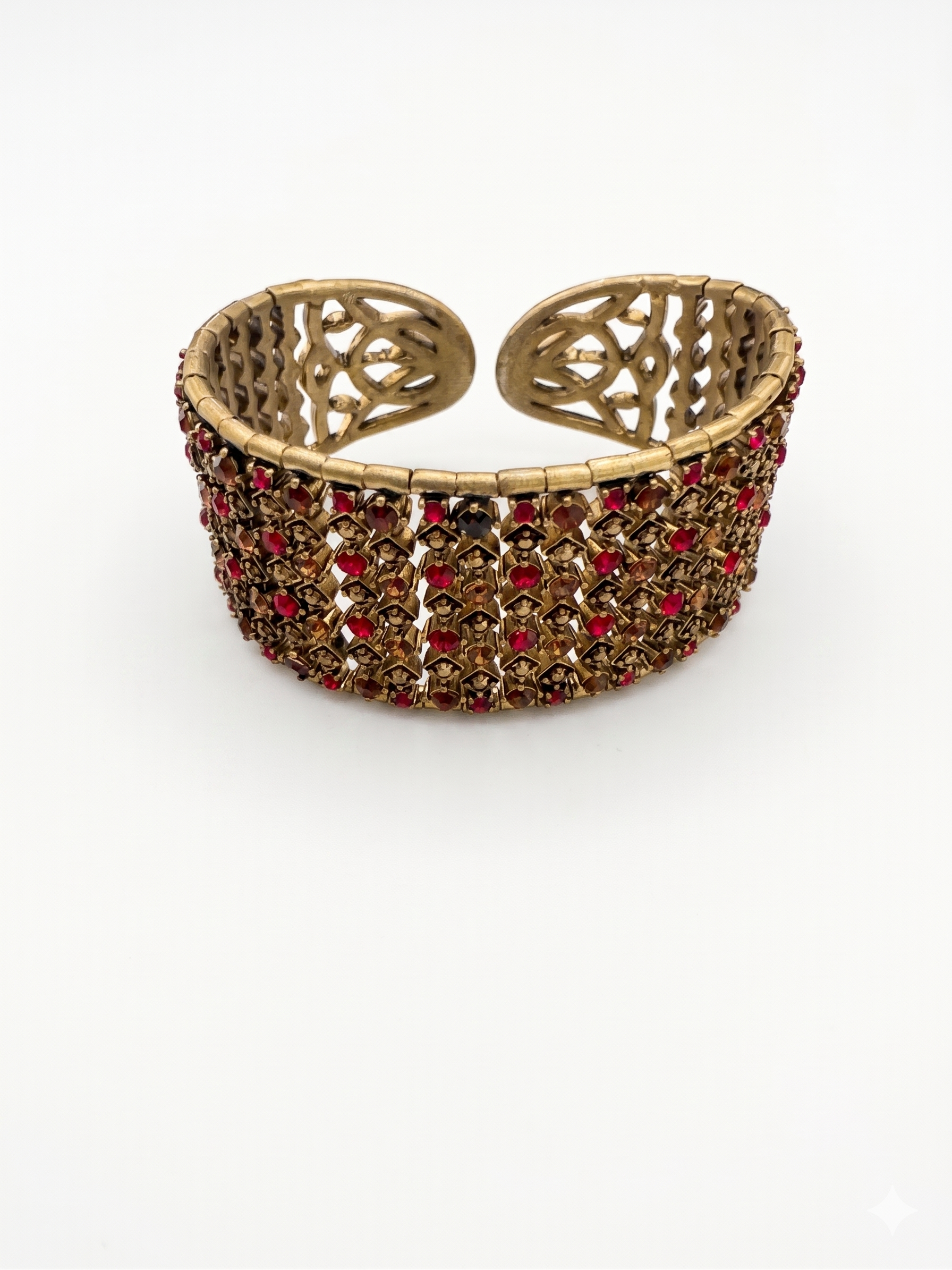 Ornate Gilded Lattice Cuff with Crimson and Amber stones