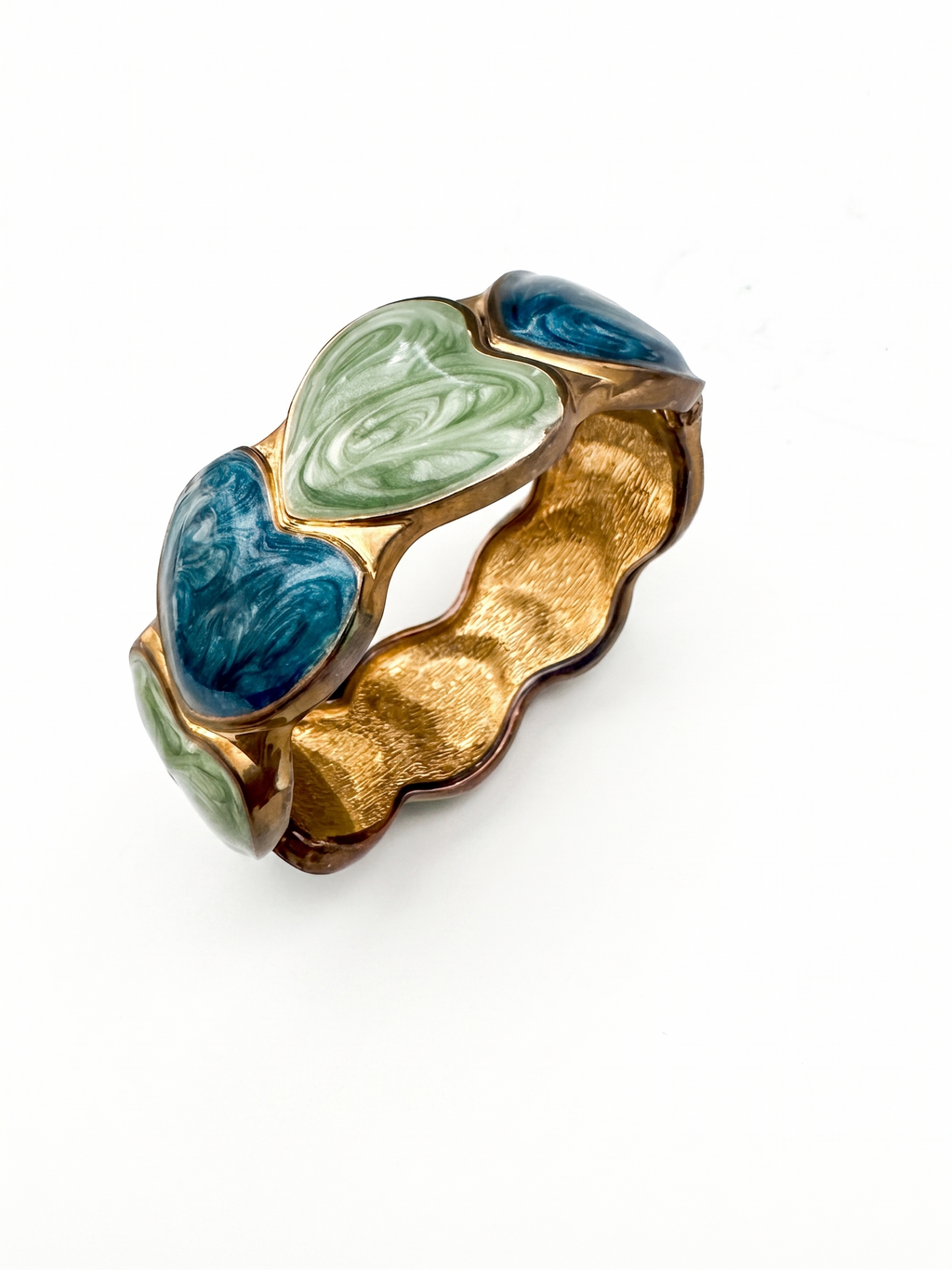 Scalloped Gold-Tone Bangle with Marbled Sage and Teal Enamel Hearts