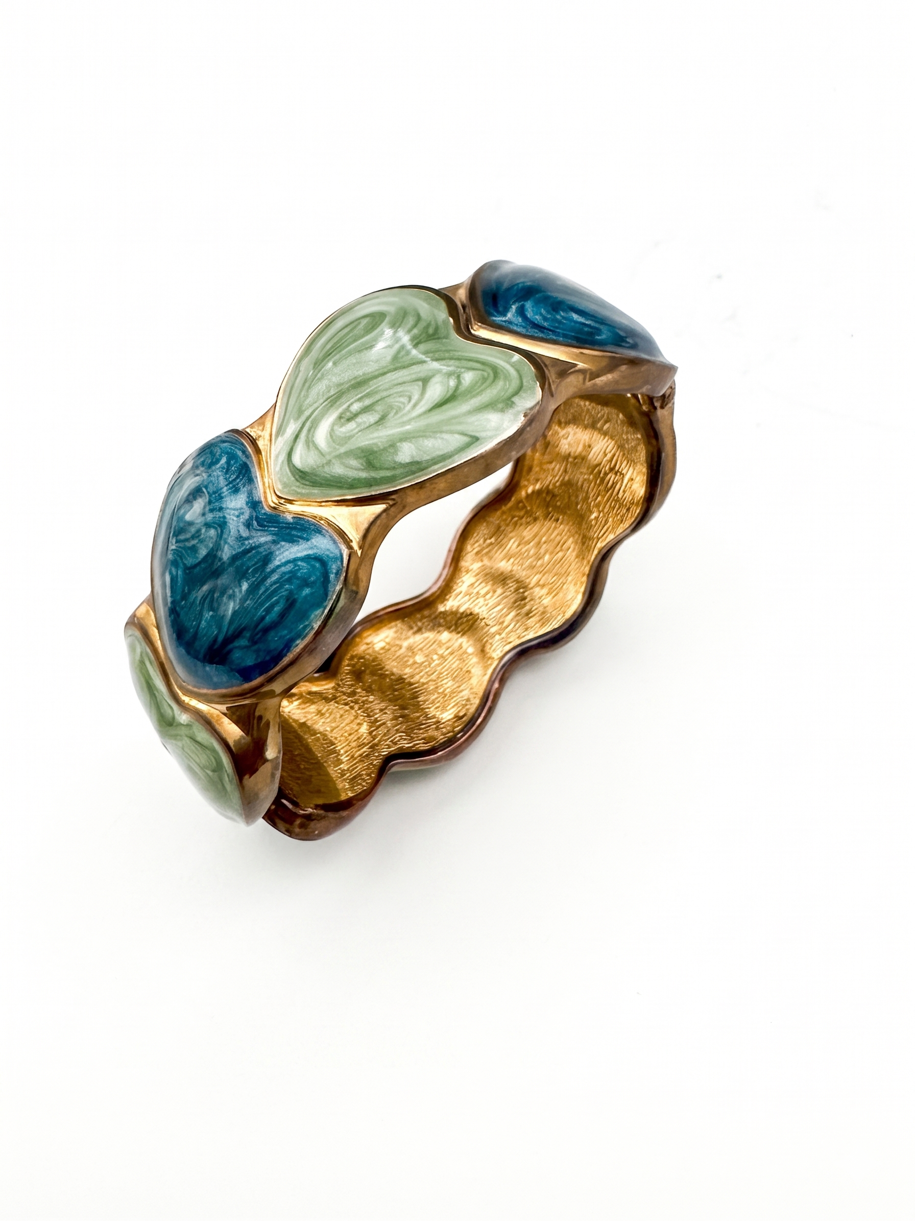 Scalloped Gold-Tone Bangle with Marbled Sage and Teal Enamel Hearts