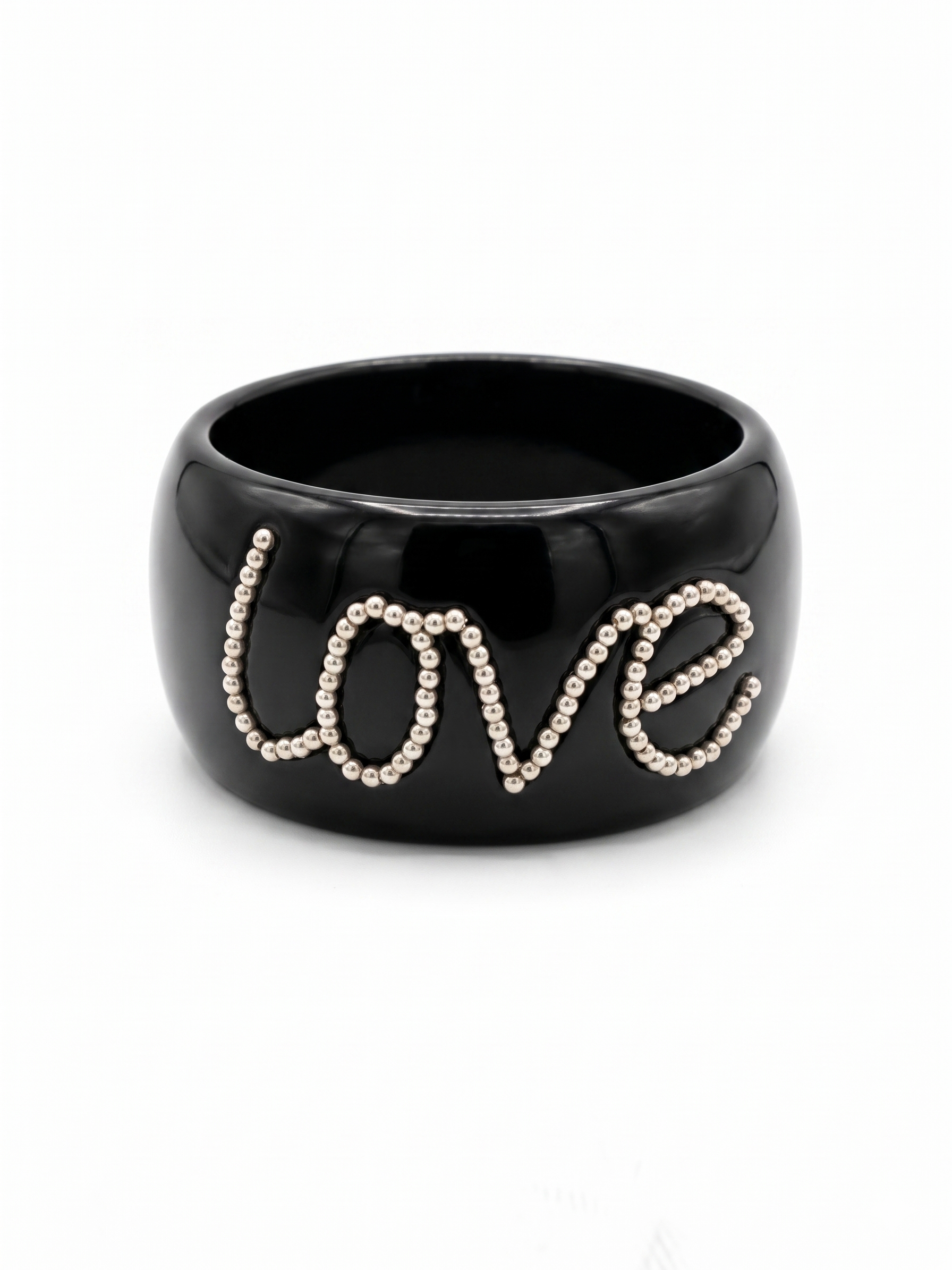 Vintage Pearl Script Love Black Resin Statement Bangle Bracelet