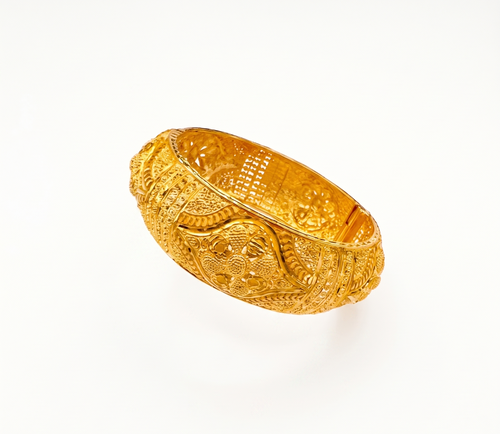 Ornate 22K Gold-Plated Filigree Bangle with Floral Repoussé