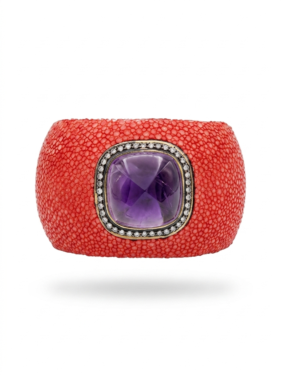 Vintage Purple Textured Cuff with Purple Cabochon