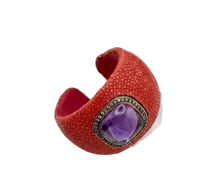 Vintage Purple Textured Cuff with Purple Cabochon