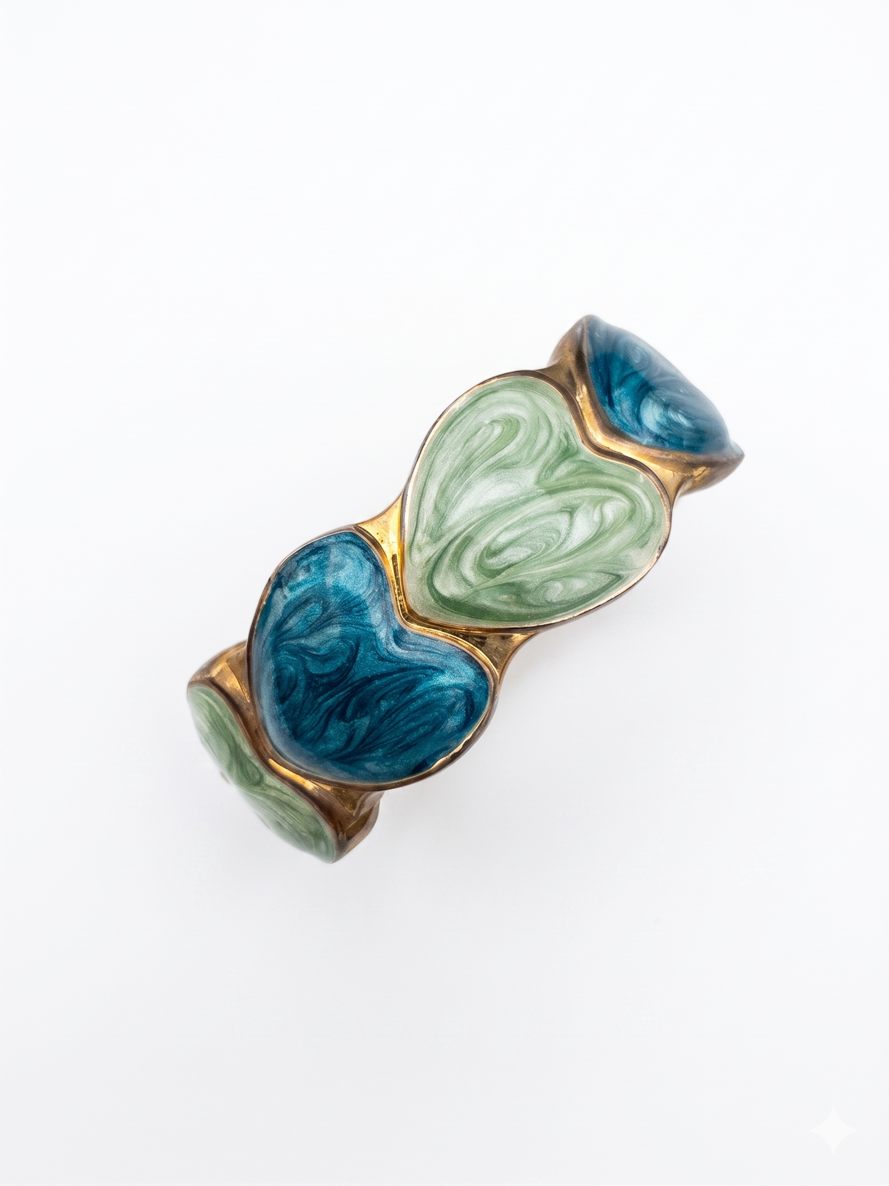 Scalloped Gold-Tone Bangle with Marbled Sage and Teal Enamel Hearts