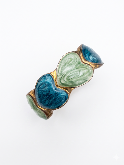 Scalloped Gold-Tone Bangle with Marbled Sage and Teal Enamel Hearts