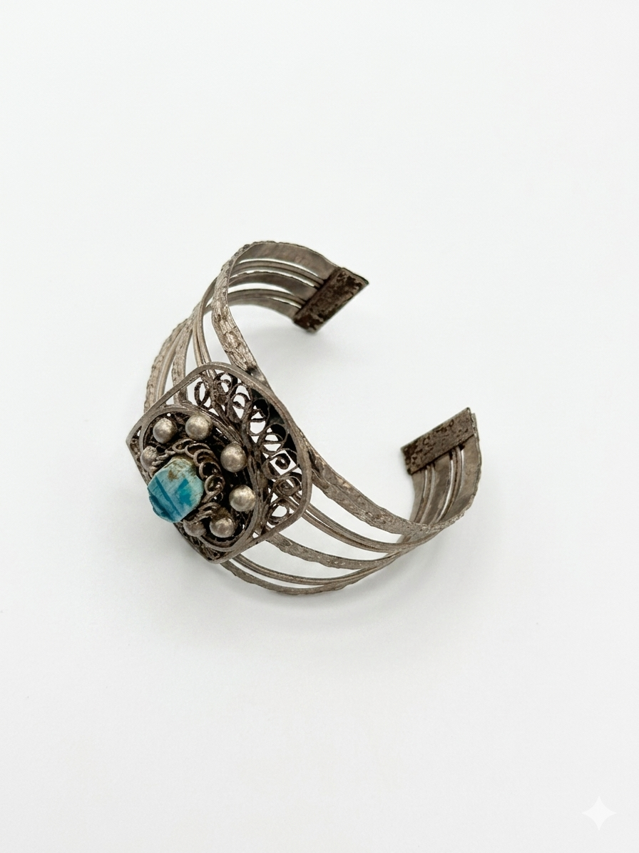 Vintage Silver Tone Filigree Turquoise Cabochon Cuff Bracelet