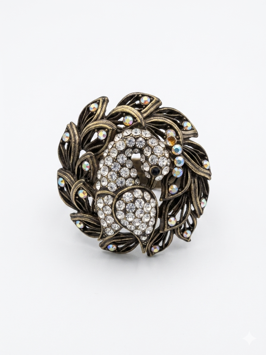 Vintage Victorian Revival Crystal Peacock Hinged Statement Bangle