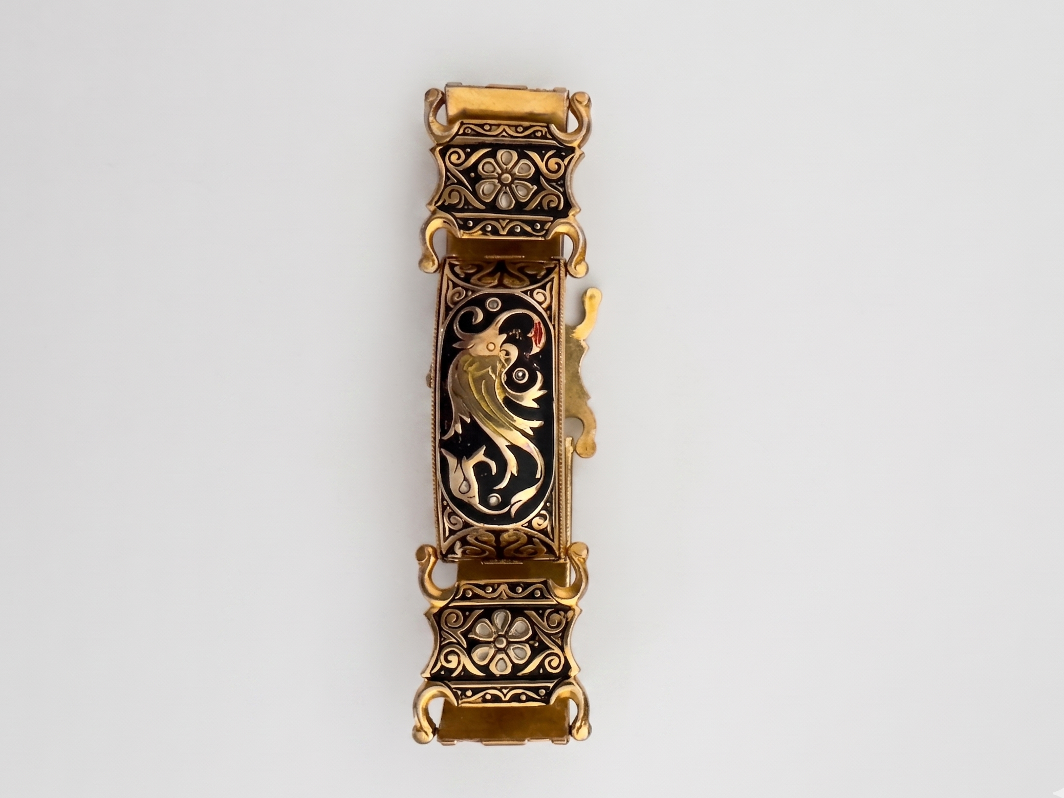 Vintage Toledo Damascene Bird Motif Panel Bracelet