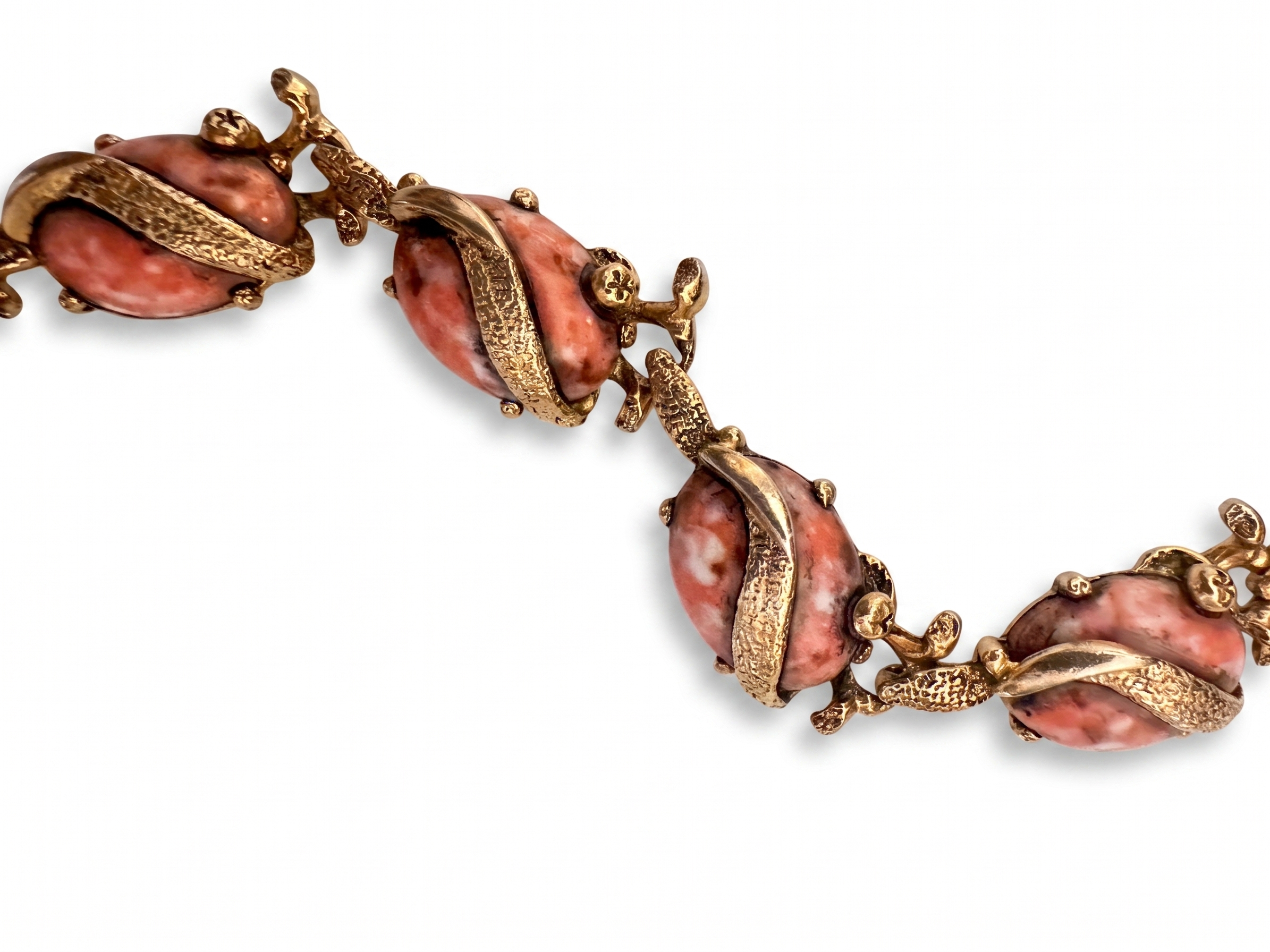 Vintage Coral Pink Cabochon Sculptural Link Bracelet