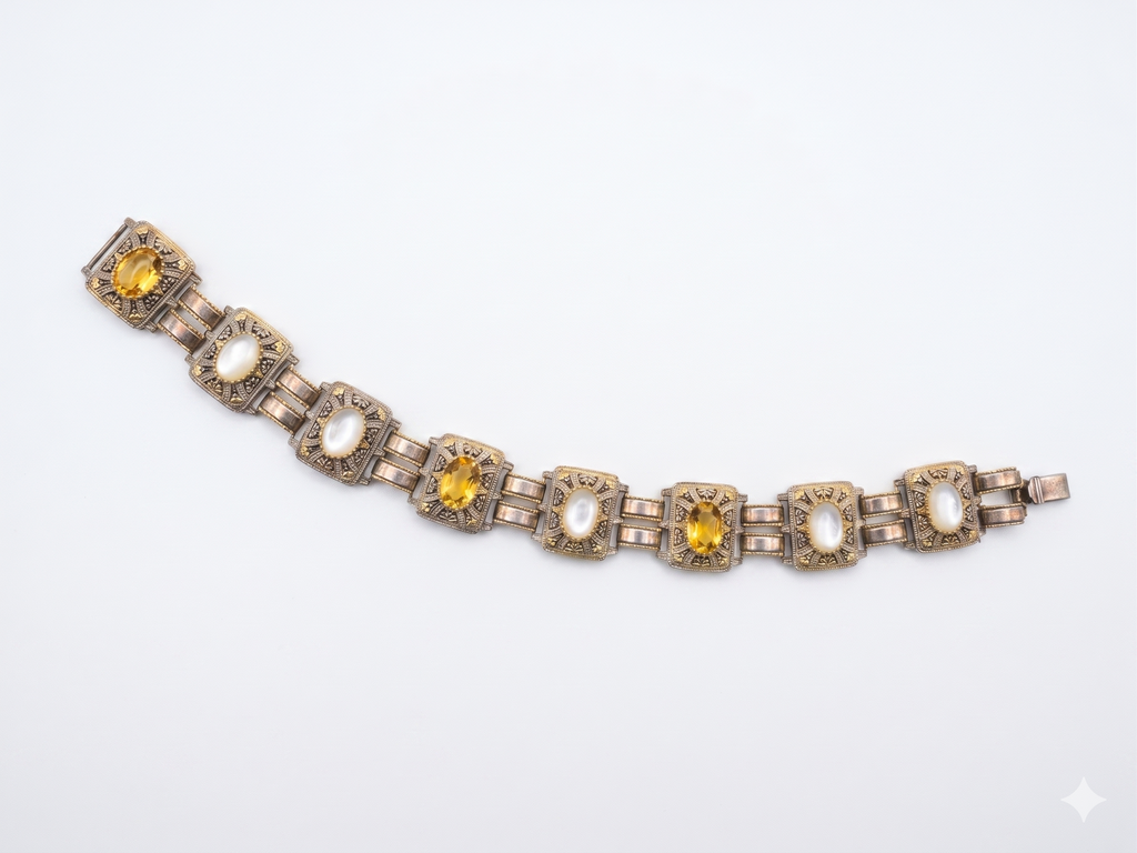 Mid-Century Damascene & Mother of Pearl Panel Bracelet