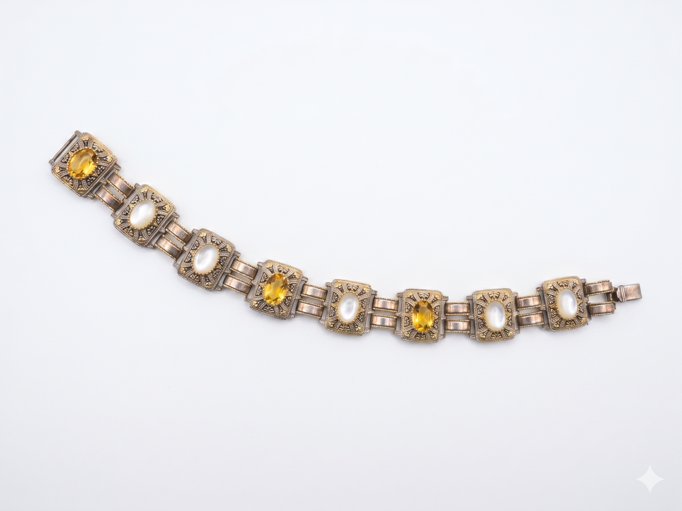 Mid-Century Damascene & Mother of Pearl Panel Bracelet