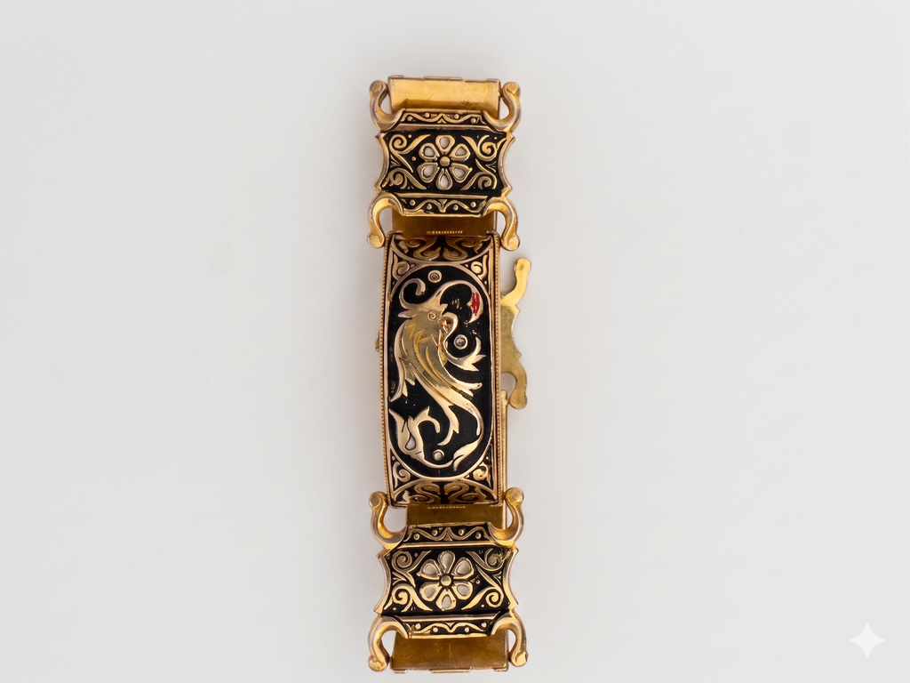 Vintage Toledo Damascene Bird Motif Panel Bracelet
