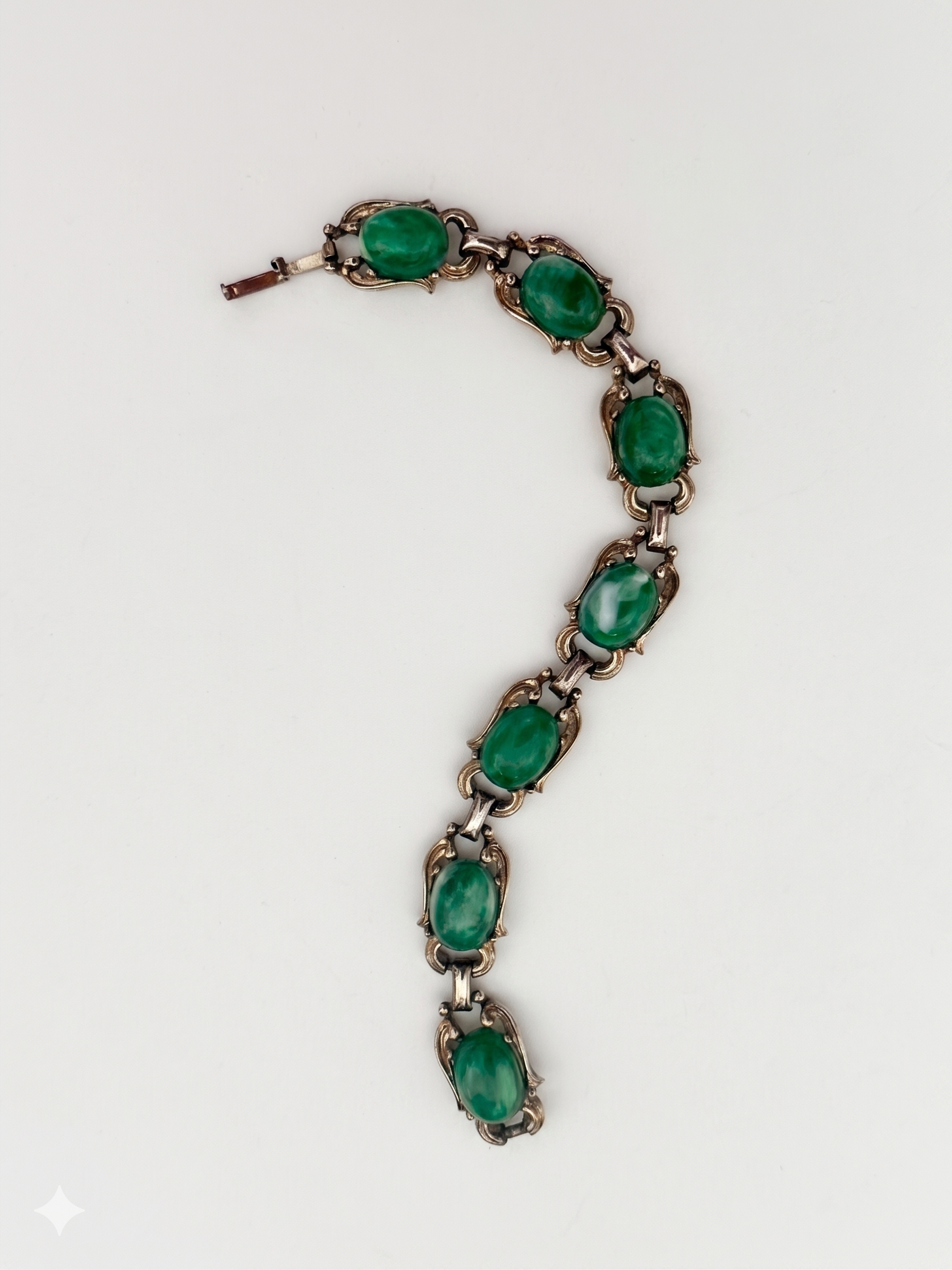 Vintage Green Glass Cabochon Link Bracelet