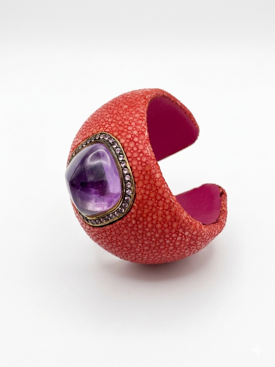 Vintage Purple Textured Cuff with Purple Cabochon