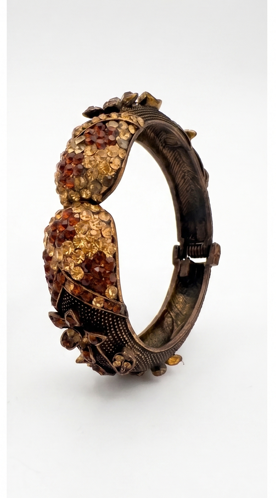 Antiqued Bronze Pavé Floral Hinged Bangle with Earth-Tone Rhinestones