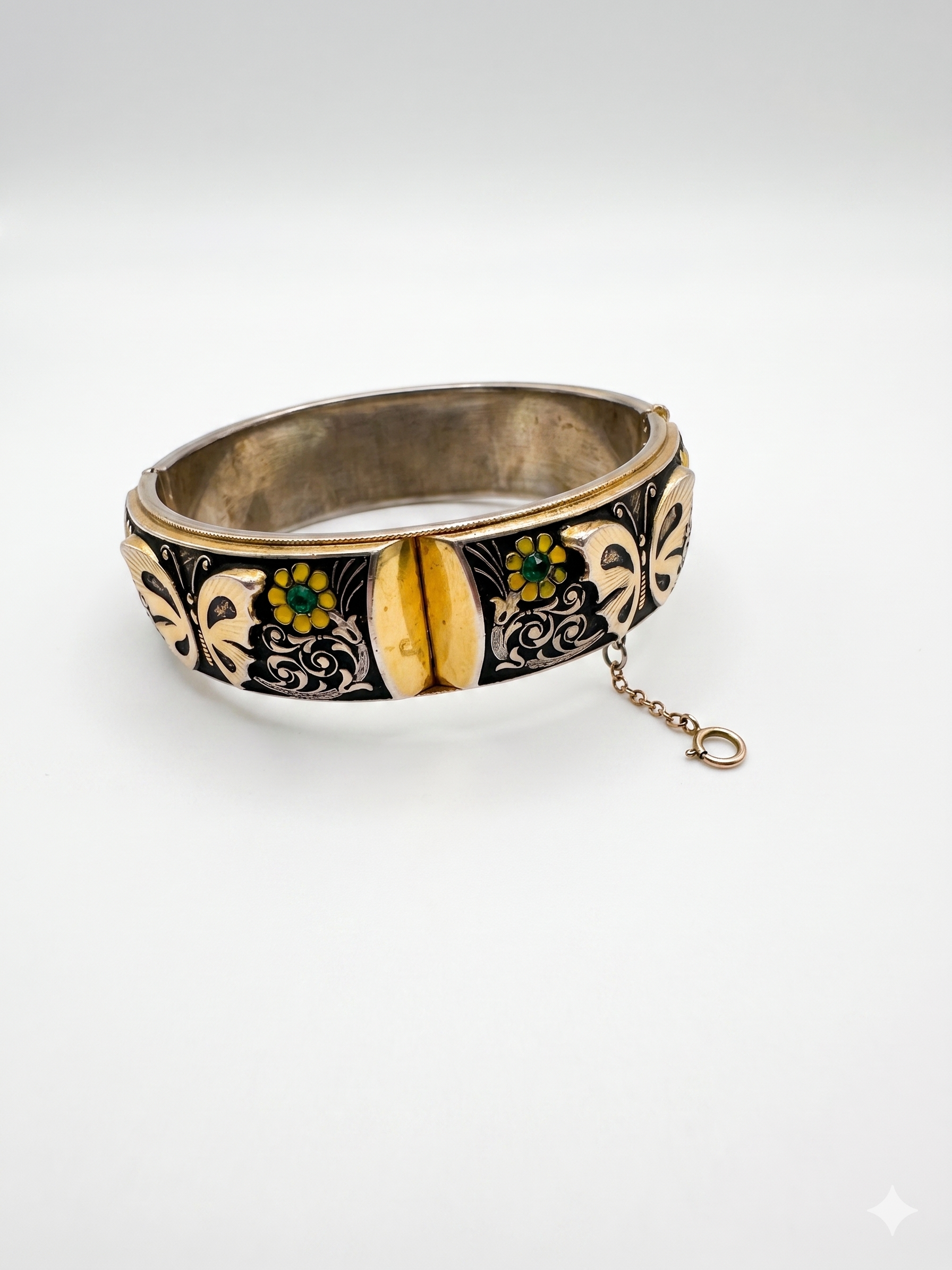 Enameled Damascene Butterfly Bangle with Floral Accents