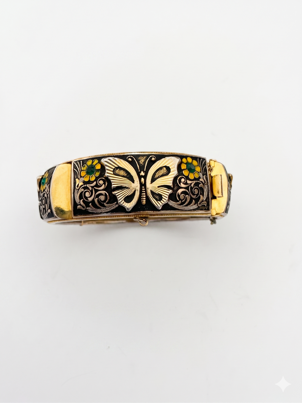 Enameled Damascene Butterfly Bangle with Floral Accents