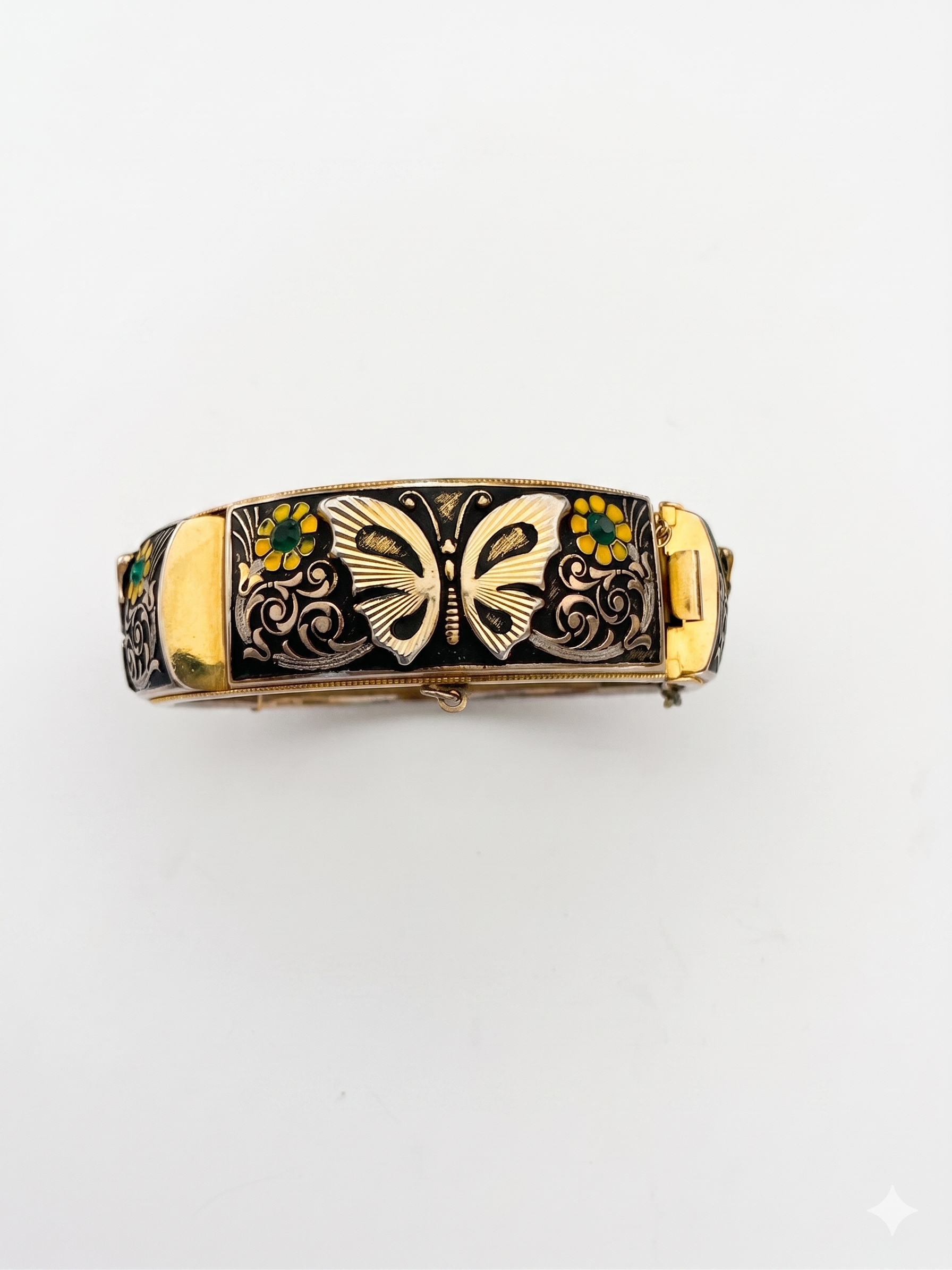Enameled Damascene Butterfly Bangle with Floral Accents